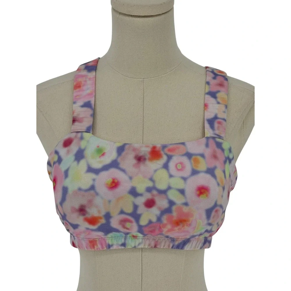 SHEIN‎ Sports Bra Pink Floral Watercolor Square Neck V-Back Size L